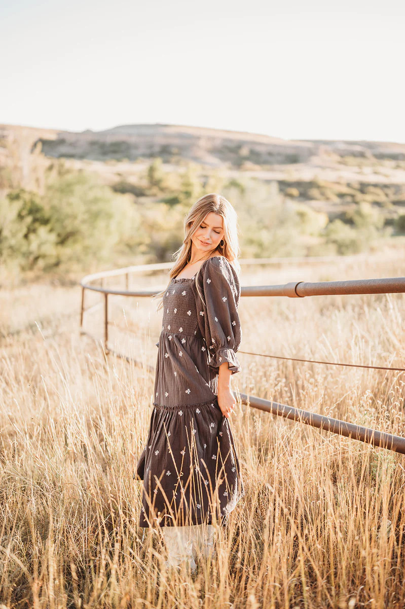 Creating My Own Sunshine Charcoal Floral Midi Dress | Apricot Lane Boutique