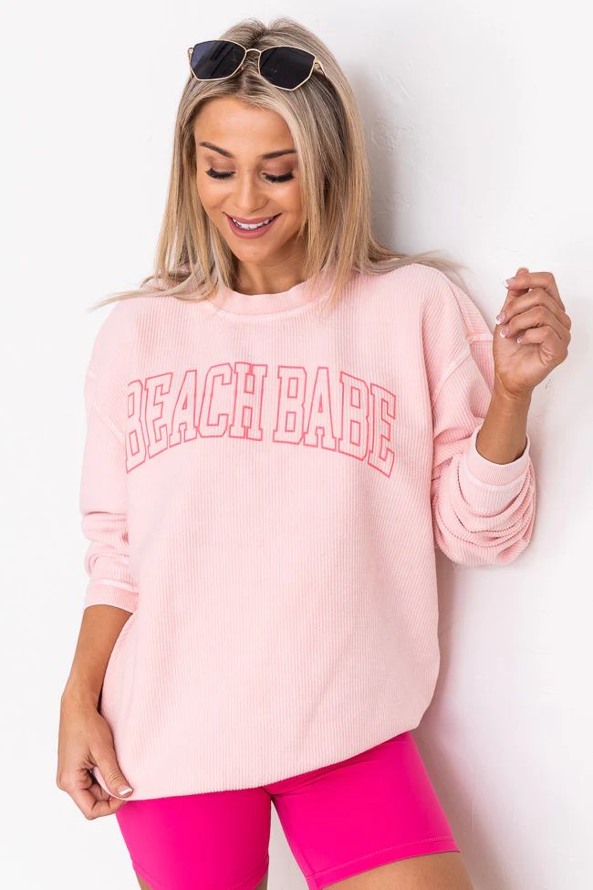 Beach Babe Varsity Pink Corded Graphic Sweatshirt | The Pink Lily Boutique