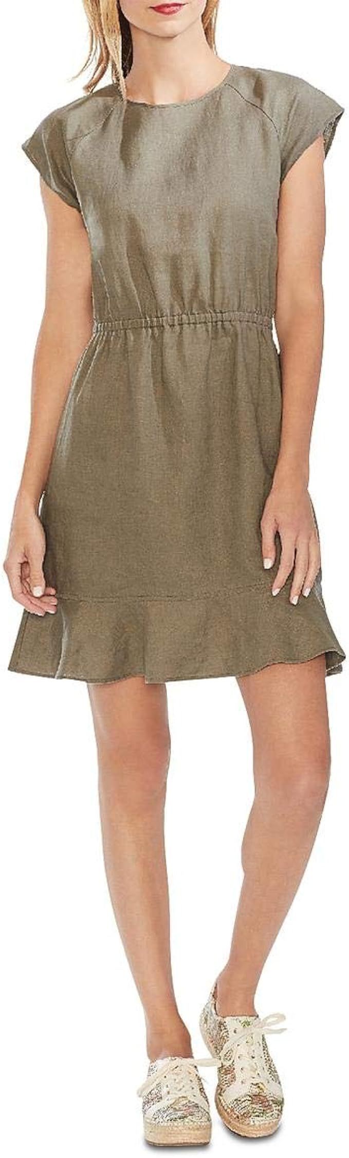 Vince Camuto Womens Linen Ruffle Hem Casual Dress Green M | Amazon (US)