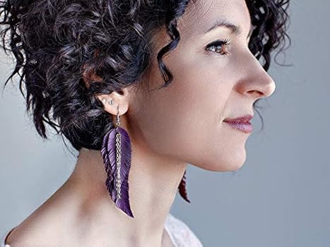 Purple Leather Feather Earrings, layered earrings, tribal Earrings, Boho earrings, dangle earring... | Amazon (US)