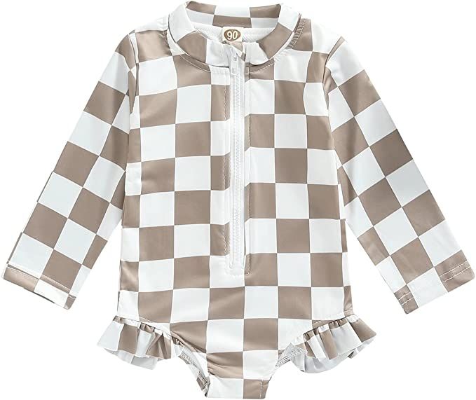 MAINESAKA Toddler Baby Girl Long Sleeve One-Piece Swimwear Checkerboard Print Mock Neck Zip Up Sw... | Amazon (US)
