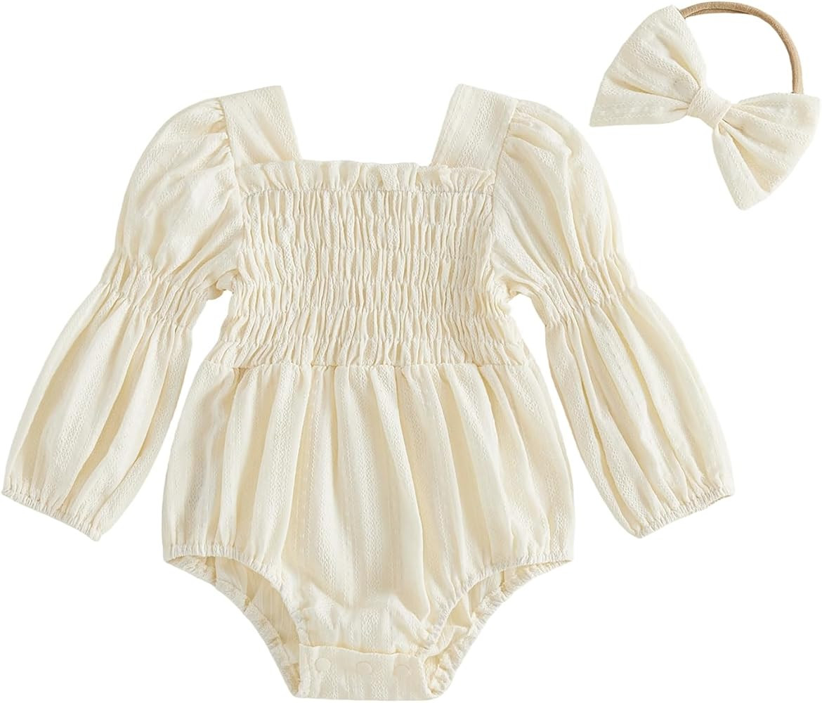 Smocked Baby Girl Clothes Newborn Girl Bubble Romper Long Sleeve Jumpsuit And Headband Outfit Cut... | Amazon (US)