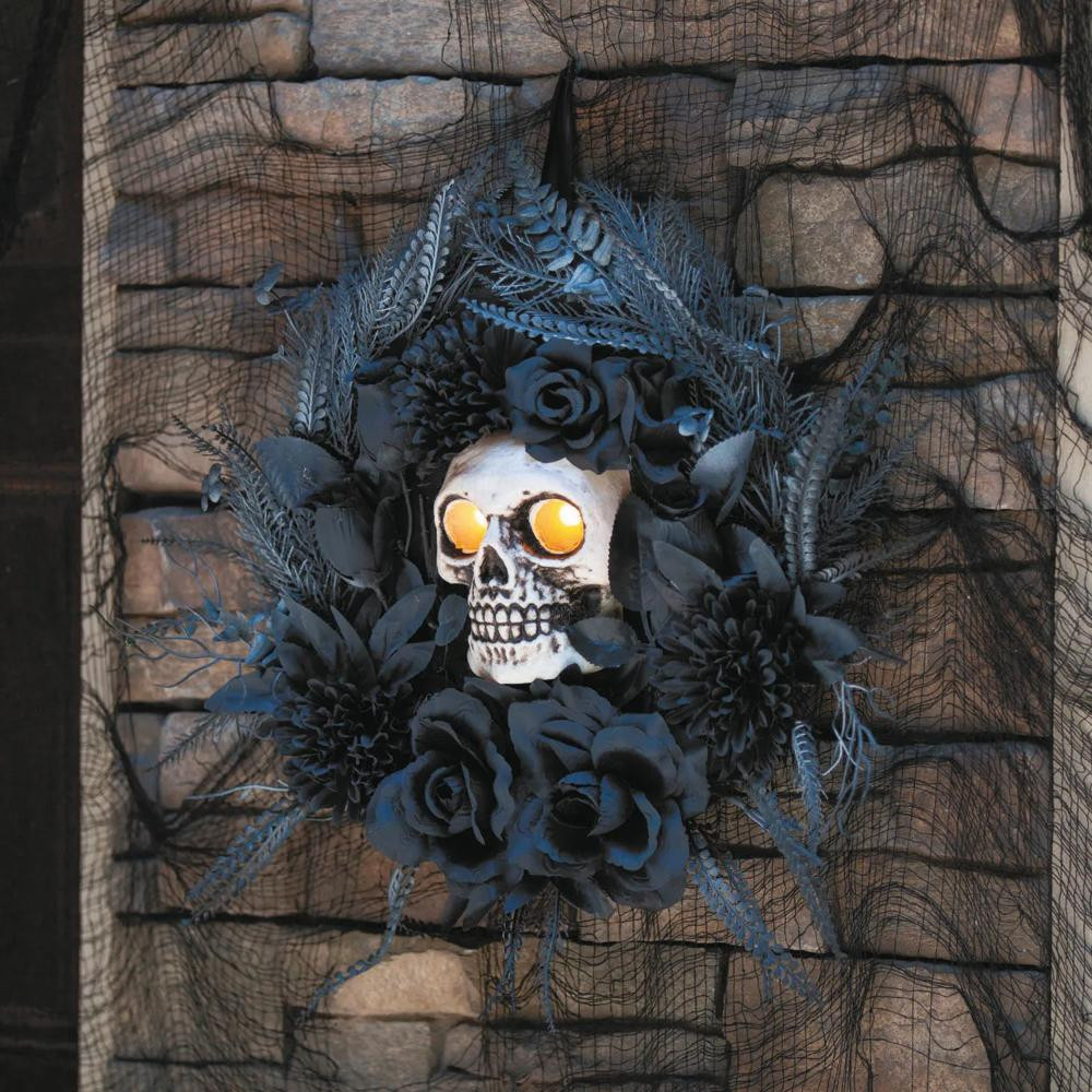 Black Wreath with Light-Up Skull & Sound Halloween Decoration | Oriental Trading Company