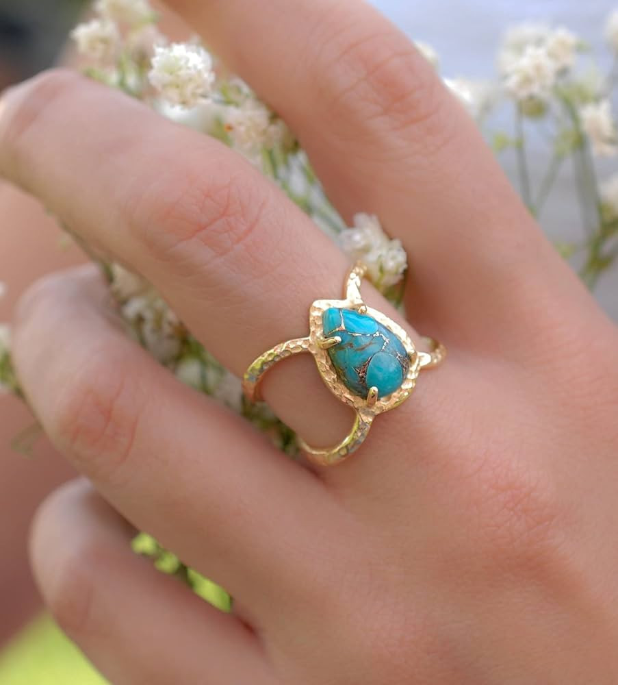 hsiyyecg Retro Simple 18K Gold Plated Inlaid Teardrop Pear Shaped Turquoise Ring Size 6-10,Large ... | Amazon (US)