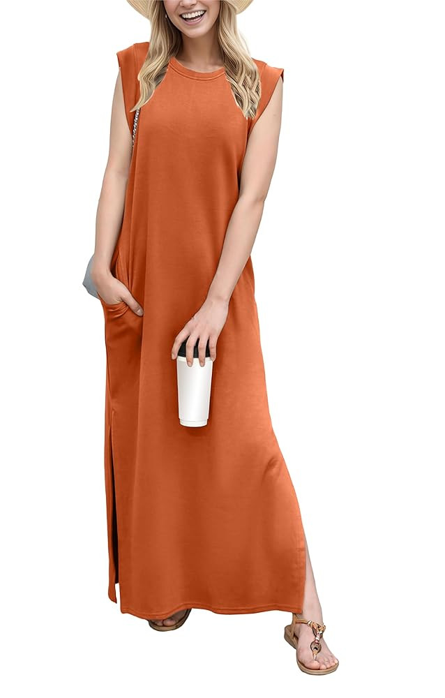 GRECERELLE 2025 Women Year-Round Casual Round Neck Loose Split Wrinkle-Free Long Maxi Vacation Dr... | Amazon (US)