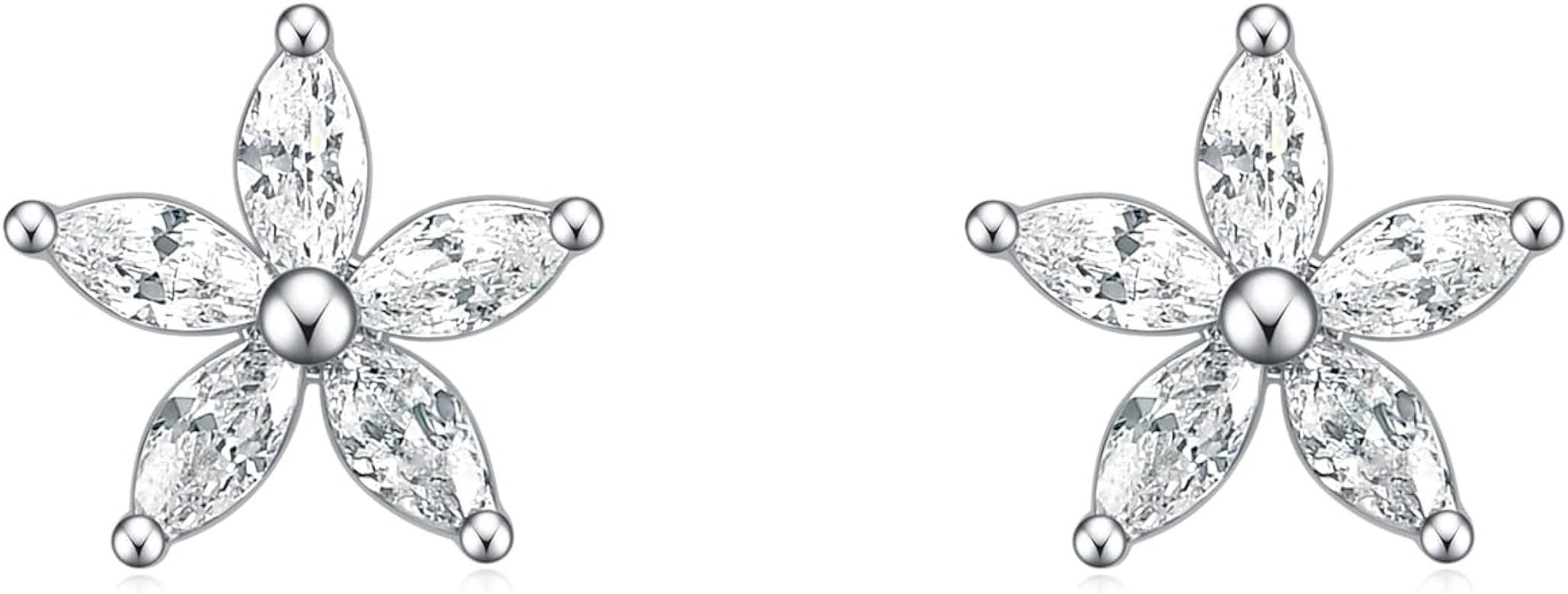925 Sterling Silver Small Flower Stud Earrings for Women, Cubic Zirconia Flower Earrings - Dainty... | Amazon (US)