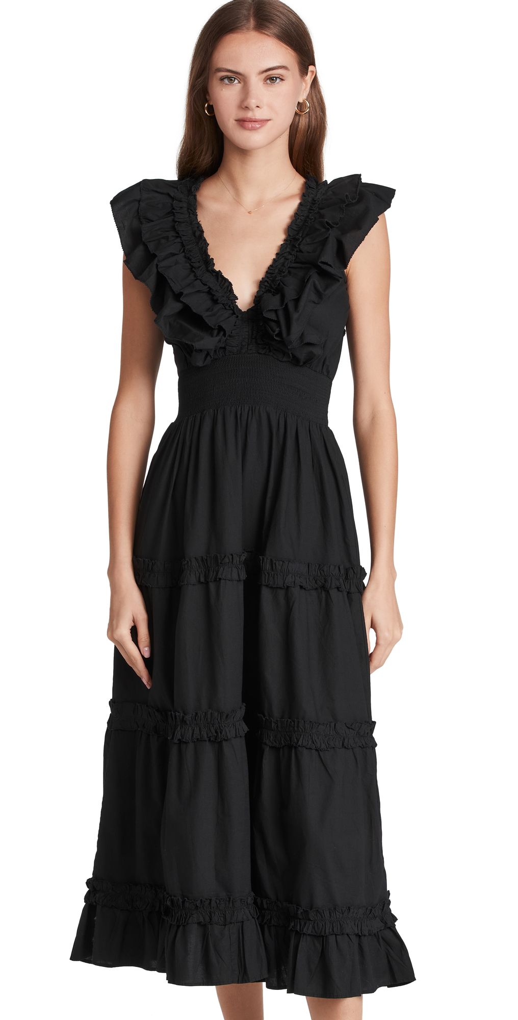 Black Poplin V Neck Ruffle Midi Dress | Shopbop
