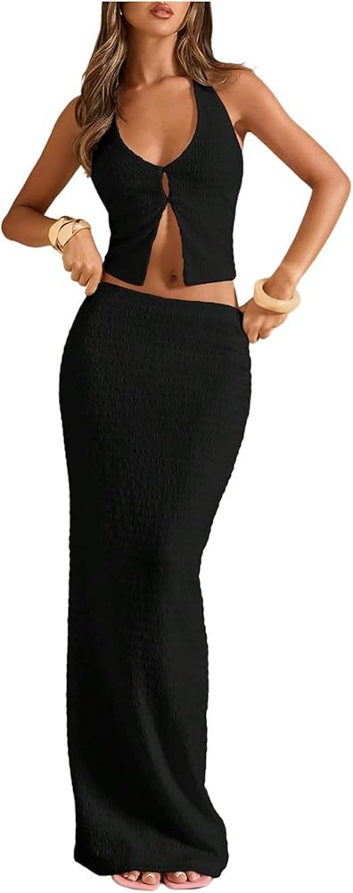 SOLY HUX Women's 2 Piece Evening Party Outfit Elegant Split Hem Halter Crop Top and Maxi Skirt Se... | Amazon (US)