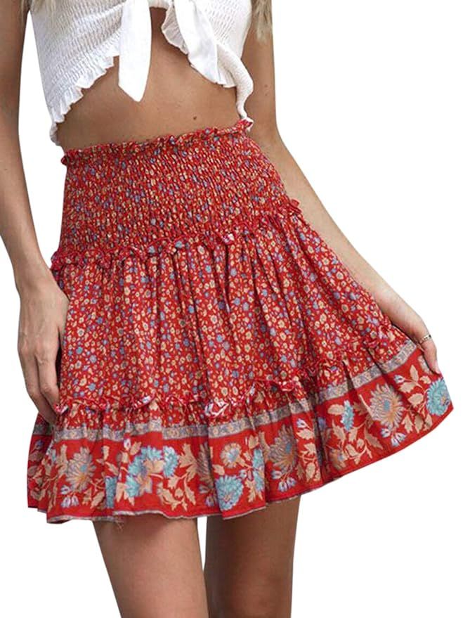 Zandiceno Women's Boho Floral Print A-line Mini Skirt High Waist Ruffle Pleated Short Skater Skir... | Amazon (US)