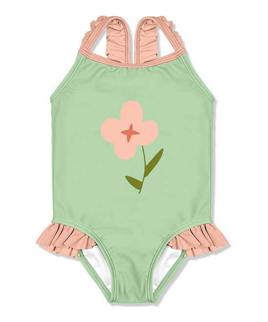 PeppyMini Girls' One Piece Swimsuits - Green & Pink Floral Ruffle One-Piece - Infant & Toddler | Zulily