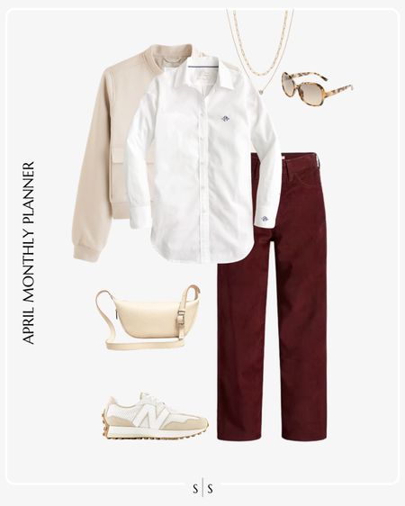 Monthly outfit planner: APRIL: Spring looks | wide leg pant, white button up, cropped bomber jacket, sling bag, sneakers

See the entire calendar on thesarahstories.com ✨ 


#LTKstyletip