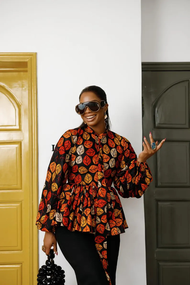 BIBI AFRICAN PRINT Tie Neck Peplum Top [floral] - Etsy | Etsy (Global)