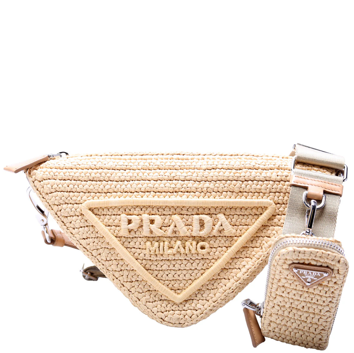 Triangle Logo Raffia Tan | Keeks Designer Handbags