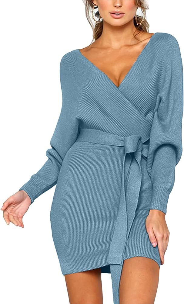 CHERFLY Women's V Neck Sweater Dresses Batwing Long Sleeve Backless Bodycon Dress with Belt      ... | Amazon (US)