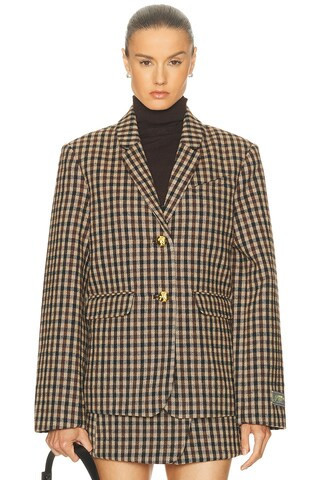 Ganni Check Wool Blazer in Brown | FWRD 