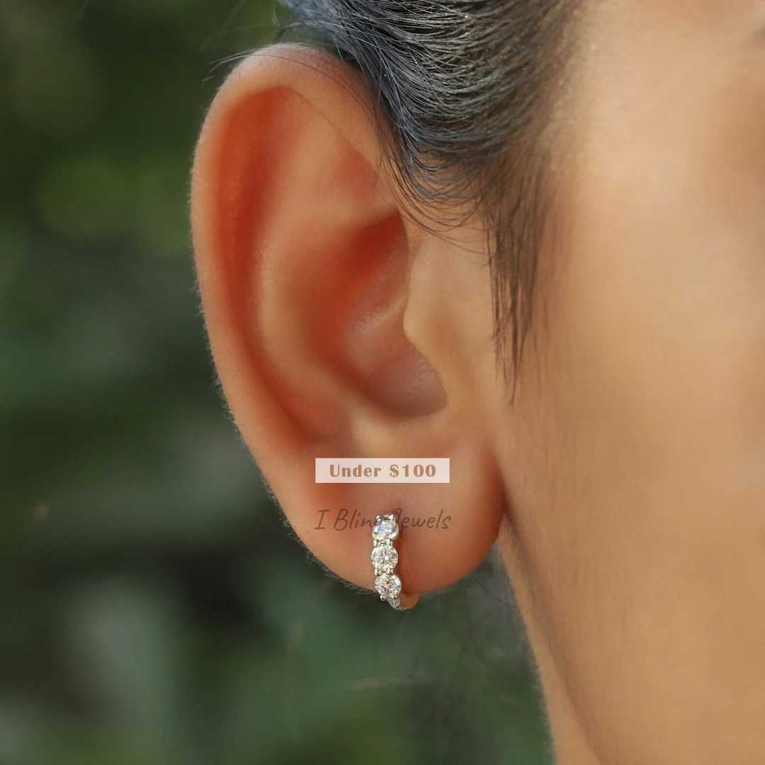 Three Stone Moissanite Round Hoop Earrings/ Delicate Dailywear Hoop Earrings/ Diamond Huggies Ear... | Etsy (US)