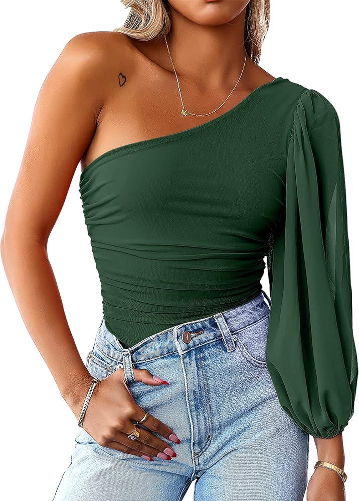 ANRABESS Women Sexy One Shoulder Mesh Long Sleeve Bodysuit Leotard Top | Amazon (US)