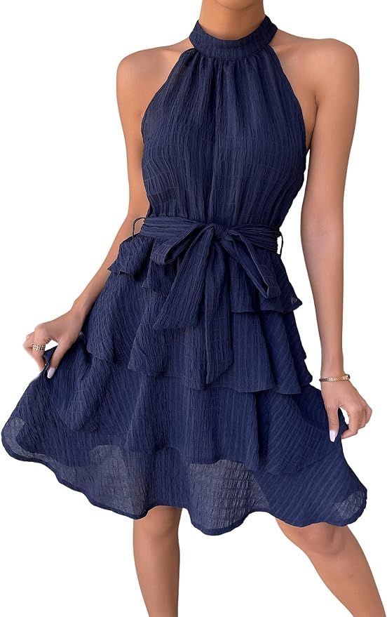 SweatyRocks Women's Sleeveless Tie Back Halter Dress Mini Swing Pleated A-line Skater Dress Navy ... | Amazon (US)
