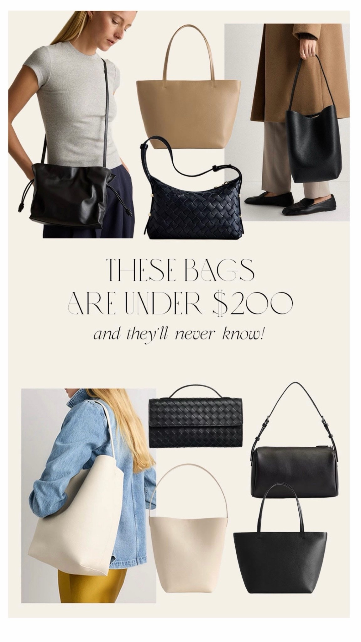 Mid range bags to take you through Fall! Loving all of these from quince and they all have more expensive than they are. 
￼#ltkseasonal

#LTKmomlife