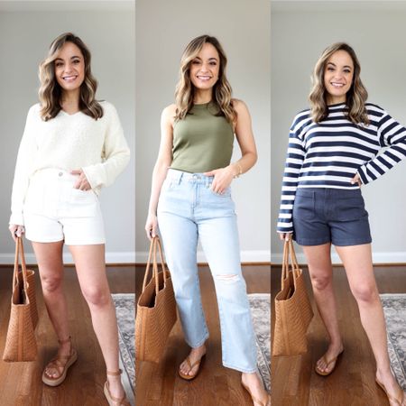 LTKXMadewell sale is live! Take 20% off your order by copying the promo code below. 

Sizing: 

White Sweater: xxs 
White Shorts: 24 tts 
Sandals: tts 

Olive tank top: xxs 
Light wash jeans: petite 24 tts - these jeans have a looser fit through the thighs 

Navy striped top: xxs 
Navy shorts: 24 but I recommend a size down for the best fit 

Navy cinch tee (not pictured): xxs tts 

@madewell #ad #madewellpartner #madewell 

My measurements for reference: 4’10” 105lbs bust, waist, hips 32”, 24”, 35” size 5 shoe 

#LTKSeasonal #LTKxMadewell #LTKstyletip