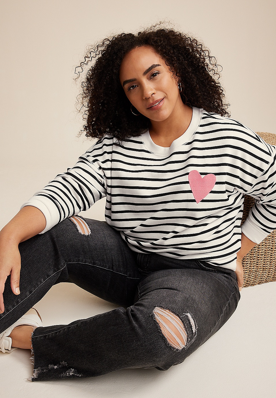 Plus Size Striped Heart Embroidered Sweatshirt | Maurices