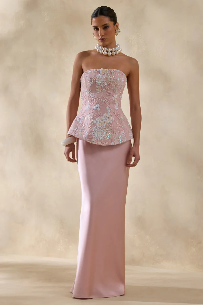 Corvina  Pink Embellished Floral Bandeau Corset Maxi Dress | Club L London