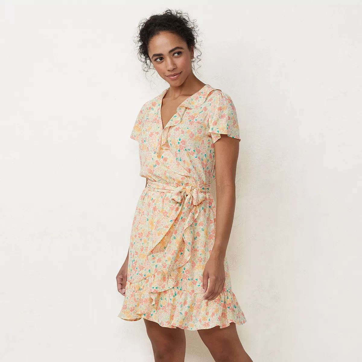 Women's LC Lauren Conrad Ruffle-Neck Flutter-Sleeve Wrap Dress | Kohl's
