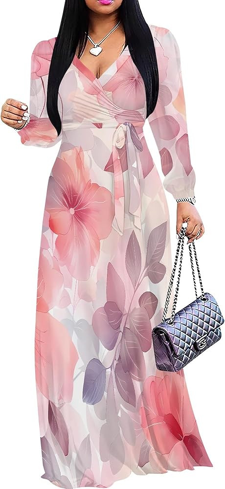 Plus Size Maxi Dresses for Curvy Women Floral Print Flowy Long Puff Sleeve with Belt | Amazon (US)