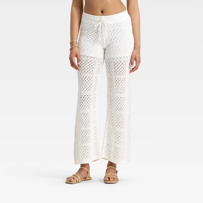 Women's Mid-Rise Wide Leg Openwork Pull-On Pants - Universal Thread™ White L | Target