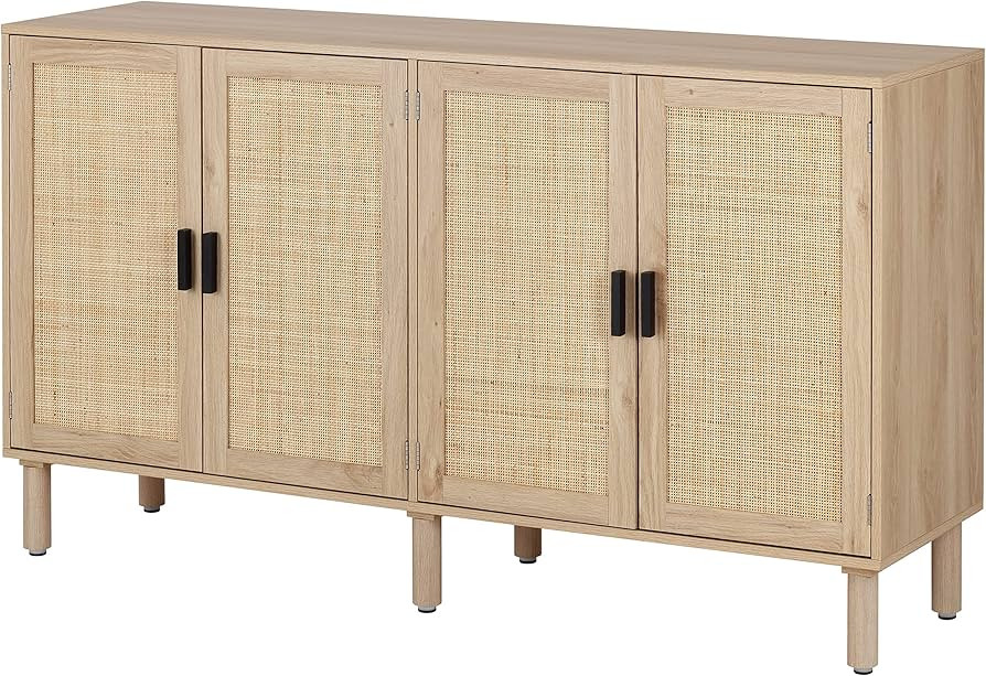 Finnhomy 4 Door Sideboard Buffet Cabinet, Kitchen Storage Cabinet with Rattan Decorated Doors, Cu... | Amazon (US)