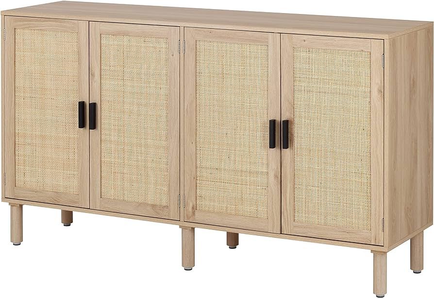 Finnhomy 4 Door Sideboard Buffet Cabinet, Kitchen Storage Cabinet with Rattan Decorated Doors, Cu... | Amazon (US)