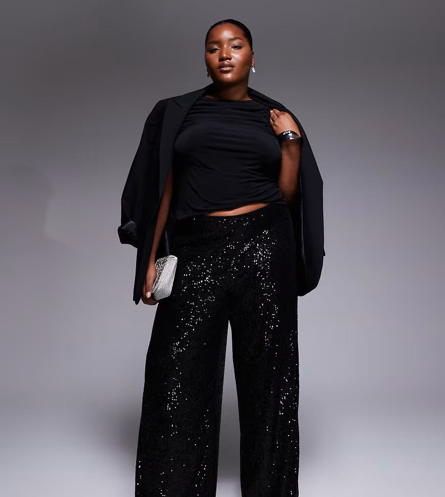 ASOS DESIGN Curve allover sequin wide leg trouser in black | ASOS (Global)