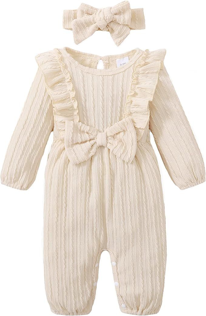 Baby Girl Romper Infant Fall Winter Clothes Ruffle Sweater Long Sleeve Bodysuit Jumpsuit and Head... | Amazon (US)