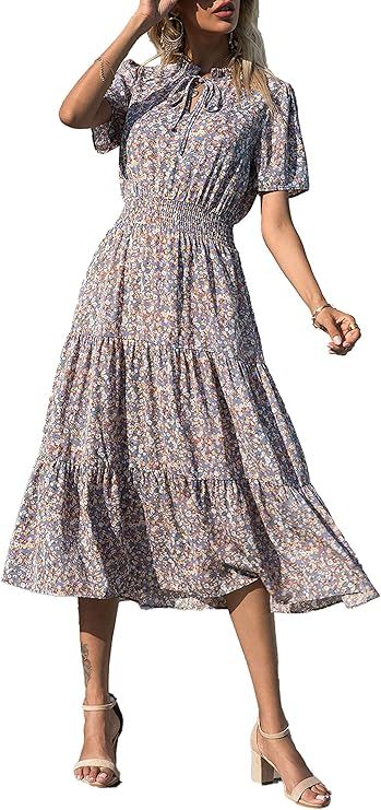 BTFBM Women Boho Floral Print Casual Dress Summer Sexy Tie V Neck Short Sleeve Vintage Elastic A-... | Amazon (US)