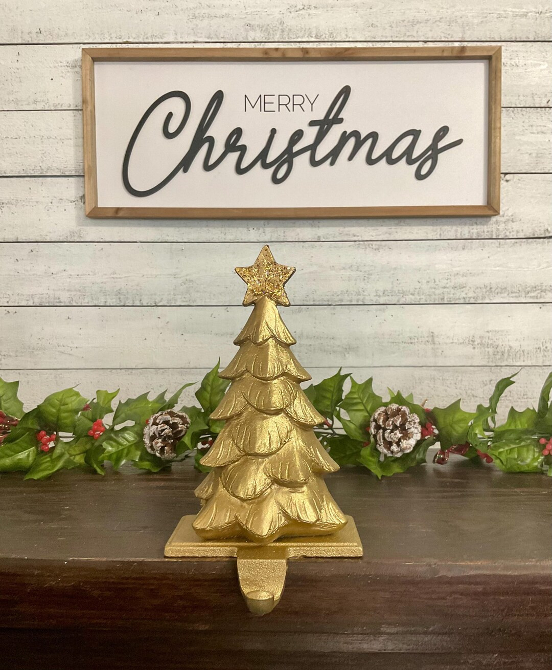 Shimmery Gold Full Tree With a Star Stocking Hanger 8 Tall, Heavy Tree Stocking Holder, Gold Mant... | Etsy (US)