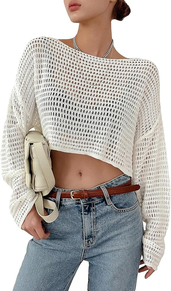 Milumia Women's Drop Shoulder Crop Sweater Open Hollow Out Sheer Knit Long Sleeve Boat Neck Knitt... | Amazon (US)