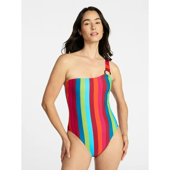 Time and Tru Women's and Women's Plus One Shoulder One Piece Swimsuit, Sizes XS-3X, Family Swim | Walmart (US)
