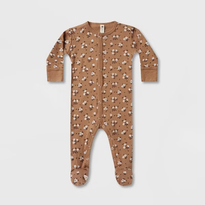 Q by Quincy Mae Baby Girls' Floral Brushed Jersey Footed Pajama - Ivory | Target