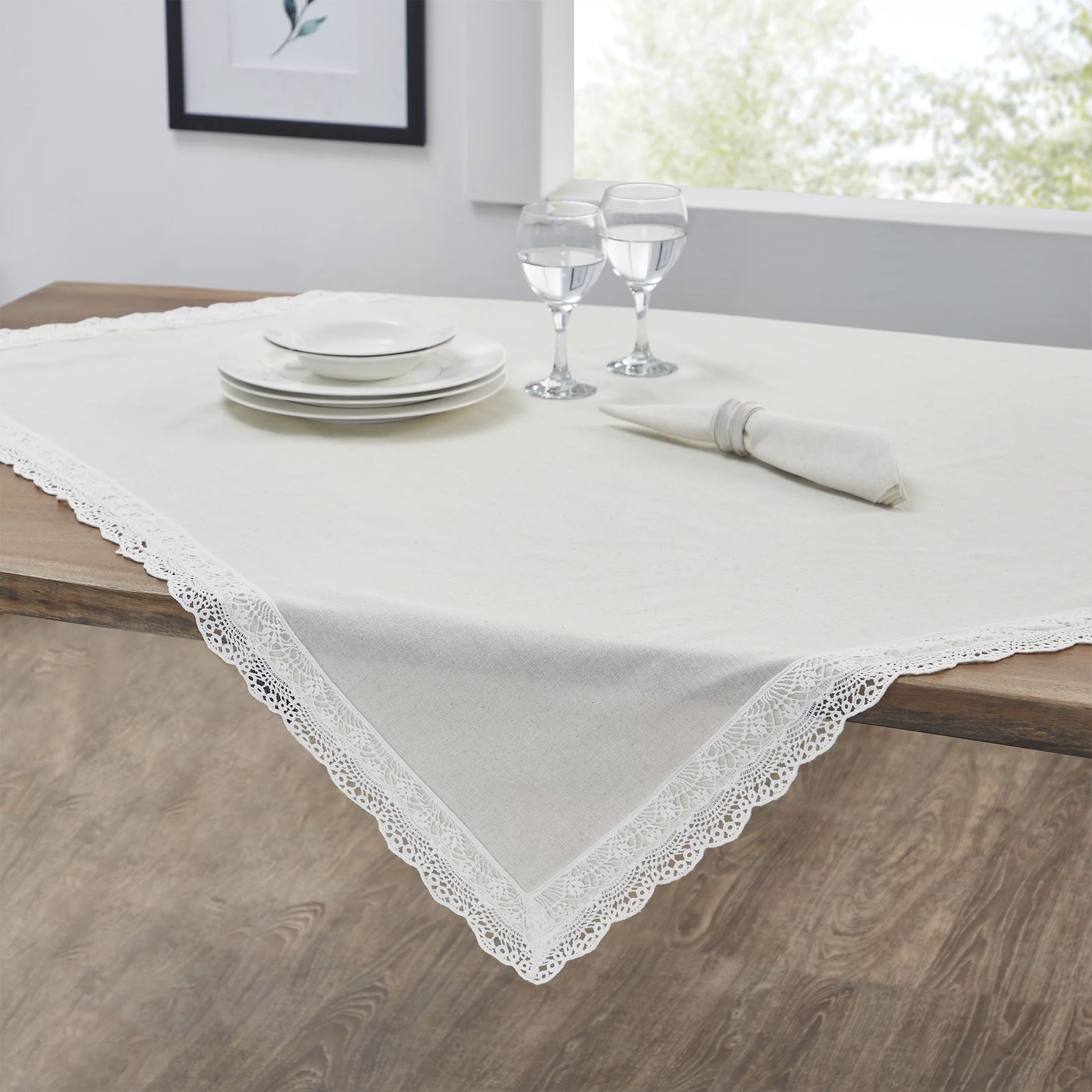 My Texas House Adalee Lace Trim Cotton/Linen 50" x 50" Square Tablecloth Throw, Beige, 1 Piece | Walmart (US)