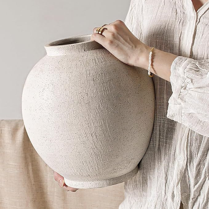 White Ceramic Vase - Large 12.5 Inch Round Floor Vase for Centerpieces, Farmhouse Rustic Minimali... | Amazon (US)