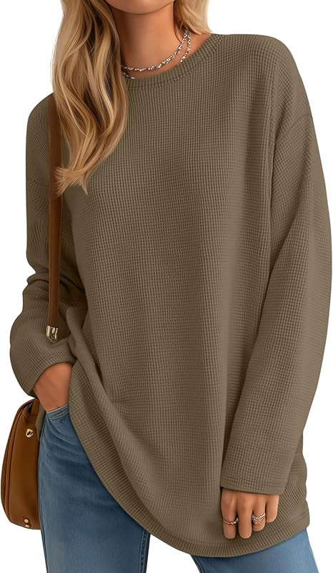 Womens Long Sleeve Sweatshirts Oversized Waffle Knit Tunic Tops Casual Crewneck Long Shirts | Amazon (US)