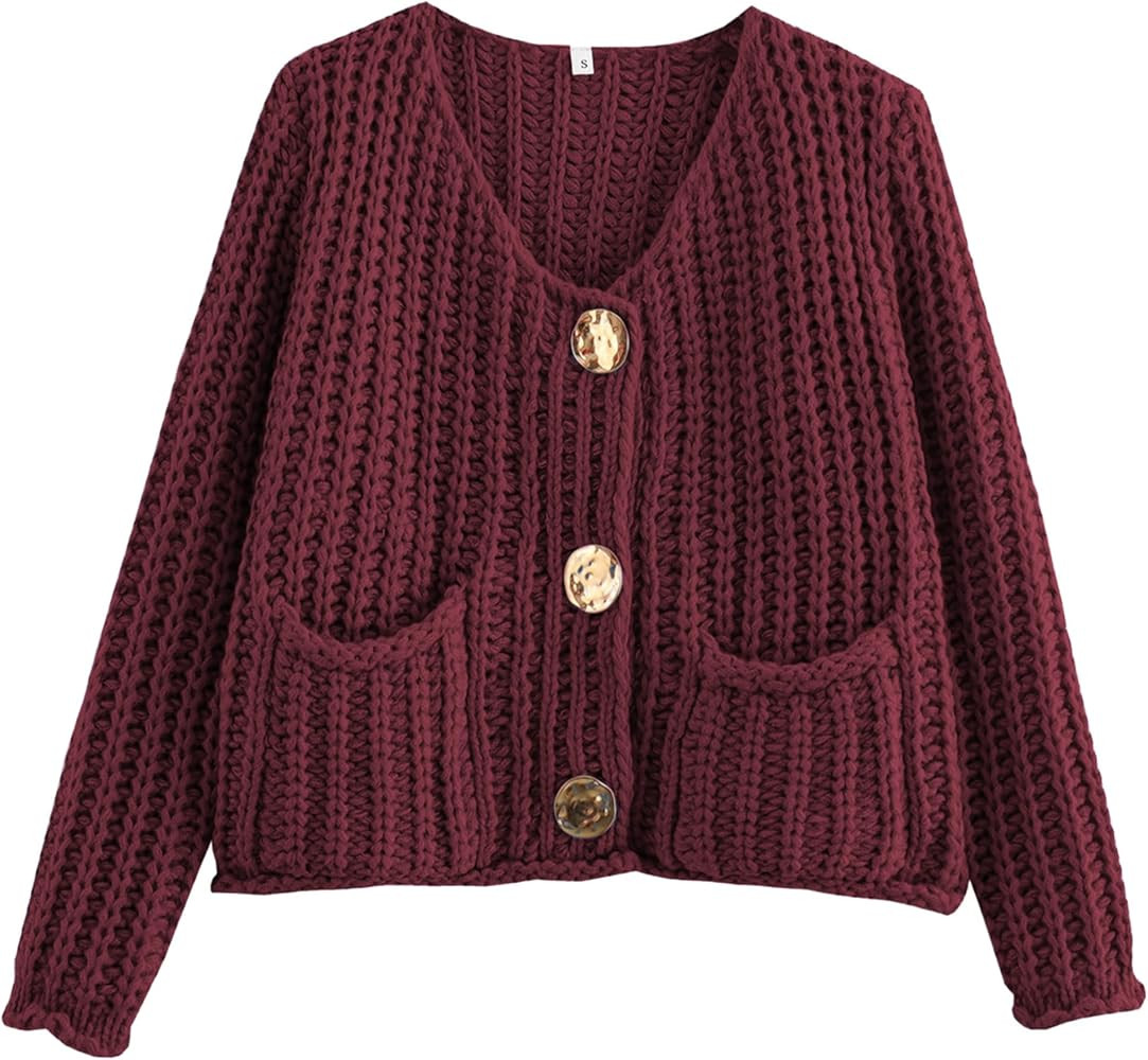 Zhiyouni Women's Cropped Cardigan Sweater Long Sleeves Button Down Chunky Knitted Coat | Amazon (US)