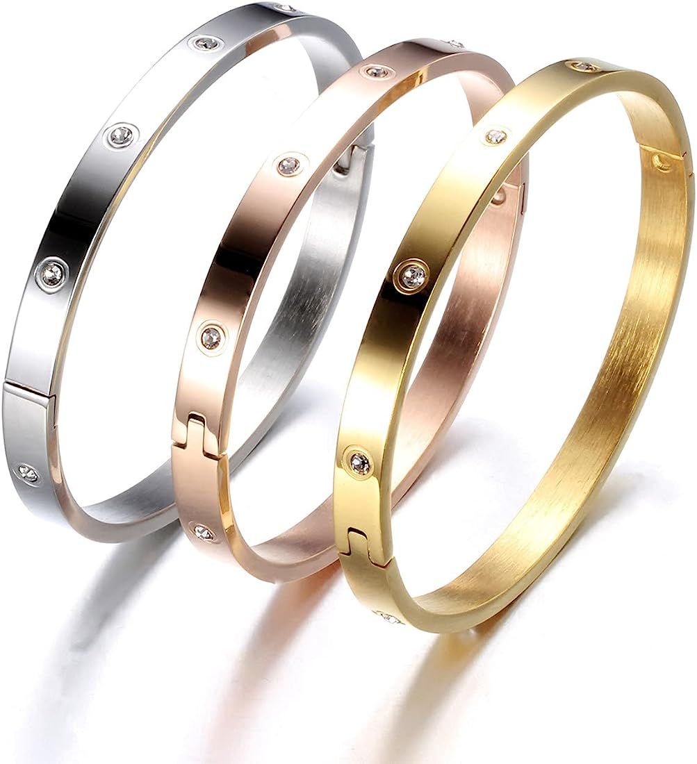 Elegant Bracelet Bangles Gift Box, 1 Silver, 1 Gold, 1 Rose Gold, Friendship Jewelry, Stainless S... | Amazon (US)