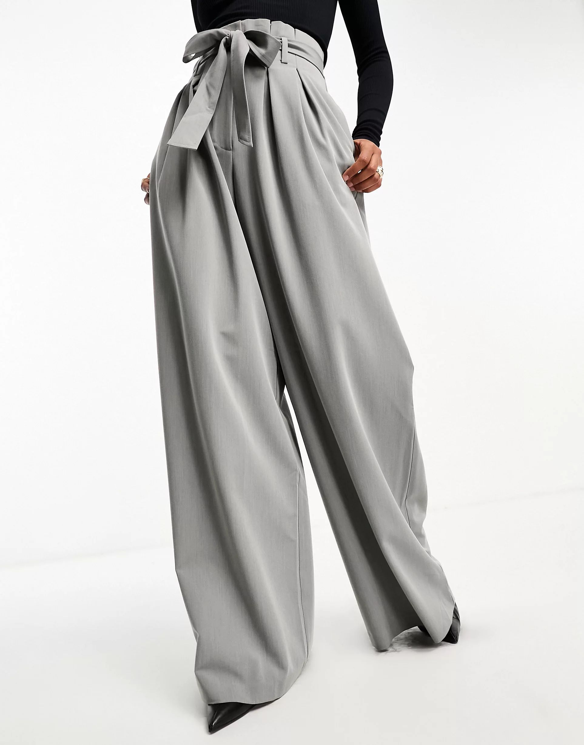 ASOS DESIGN Tall belted paperbag co-ord trouser in light grey | ASOS (Global)