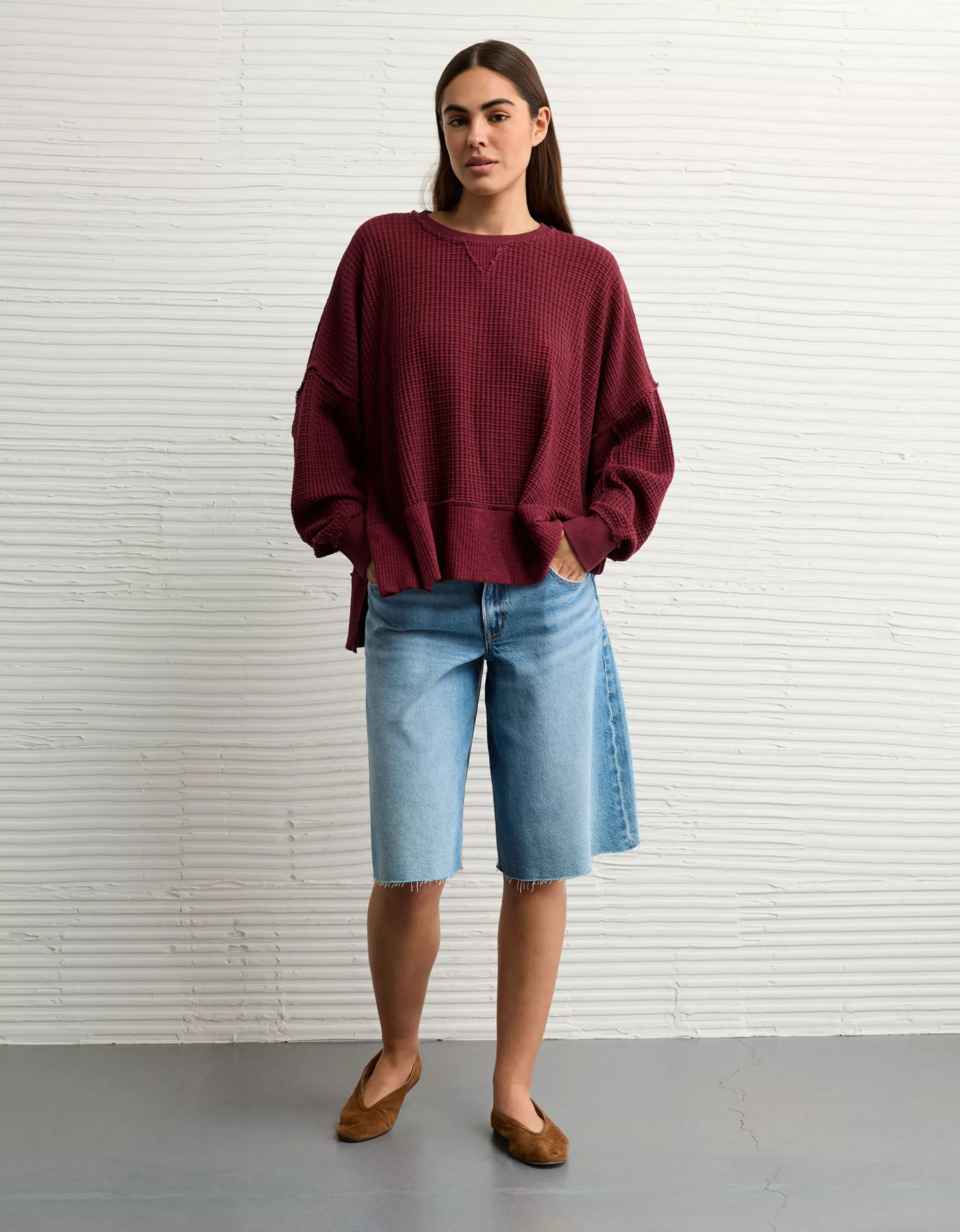 AE Big Hug Crew Neck Waffle Sweatshirt | American Eagle Outfitters (US & CA)