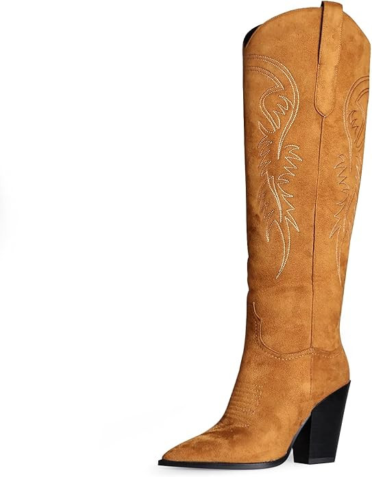 ISNOM Women's Western Boots Knee High Boots, Cowboy Cowgirl Embroidered Chunky Block Heel Pointed... | Amazon (US)