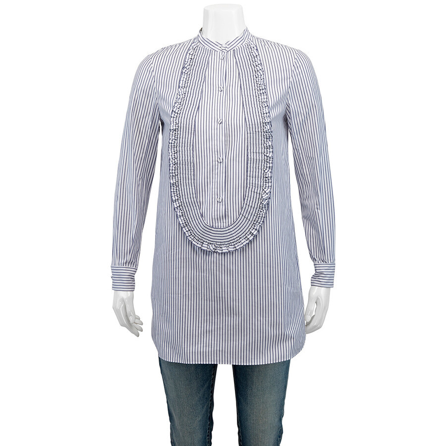 Ladies Navy/White Ruffle Detail Striped Cotton Tunic Shirt, Brand Size 4 (US Size 2) | Jomashop.com & JomaDeals.com