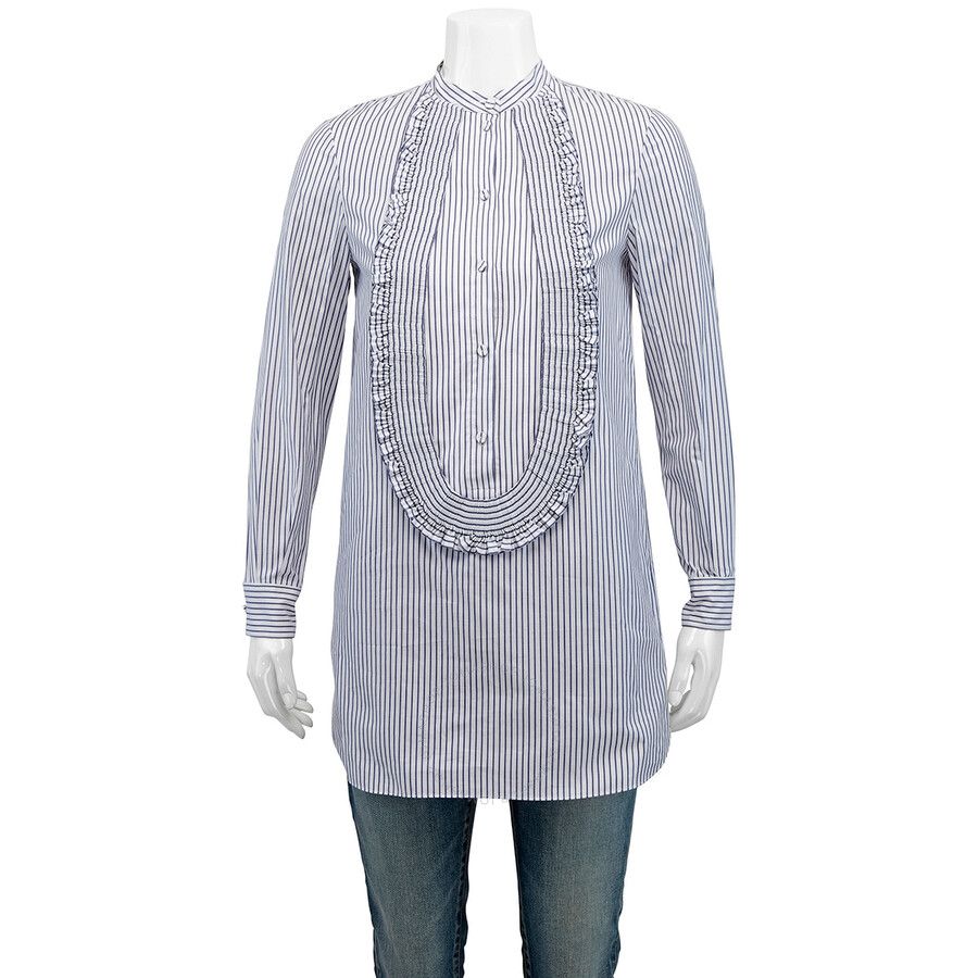 Ladies Navy/White Ruffle Detail Striped Cotton Tunic Shirt, Brand Size 4 (US Size 2) | Jomashop.com & JomaDeals.com