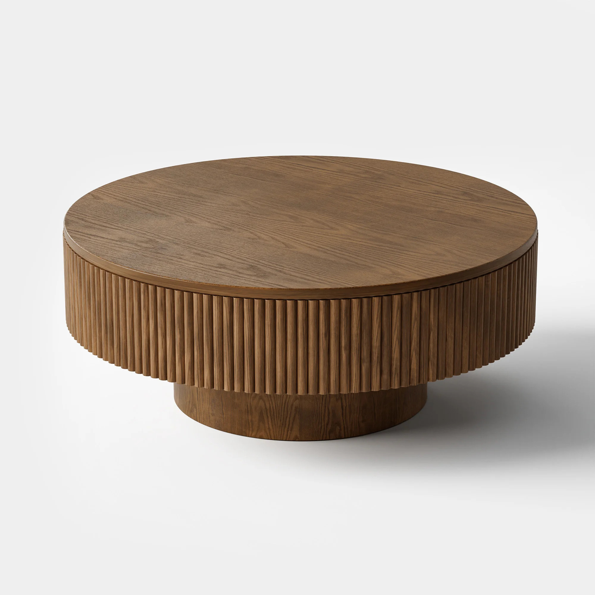 Chibuzor 35"W Pedestal Round Coffee Table With Ash & Oak, Handcrafted Solid Wood Fluted Design | Wayfair North America