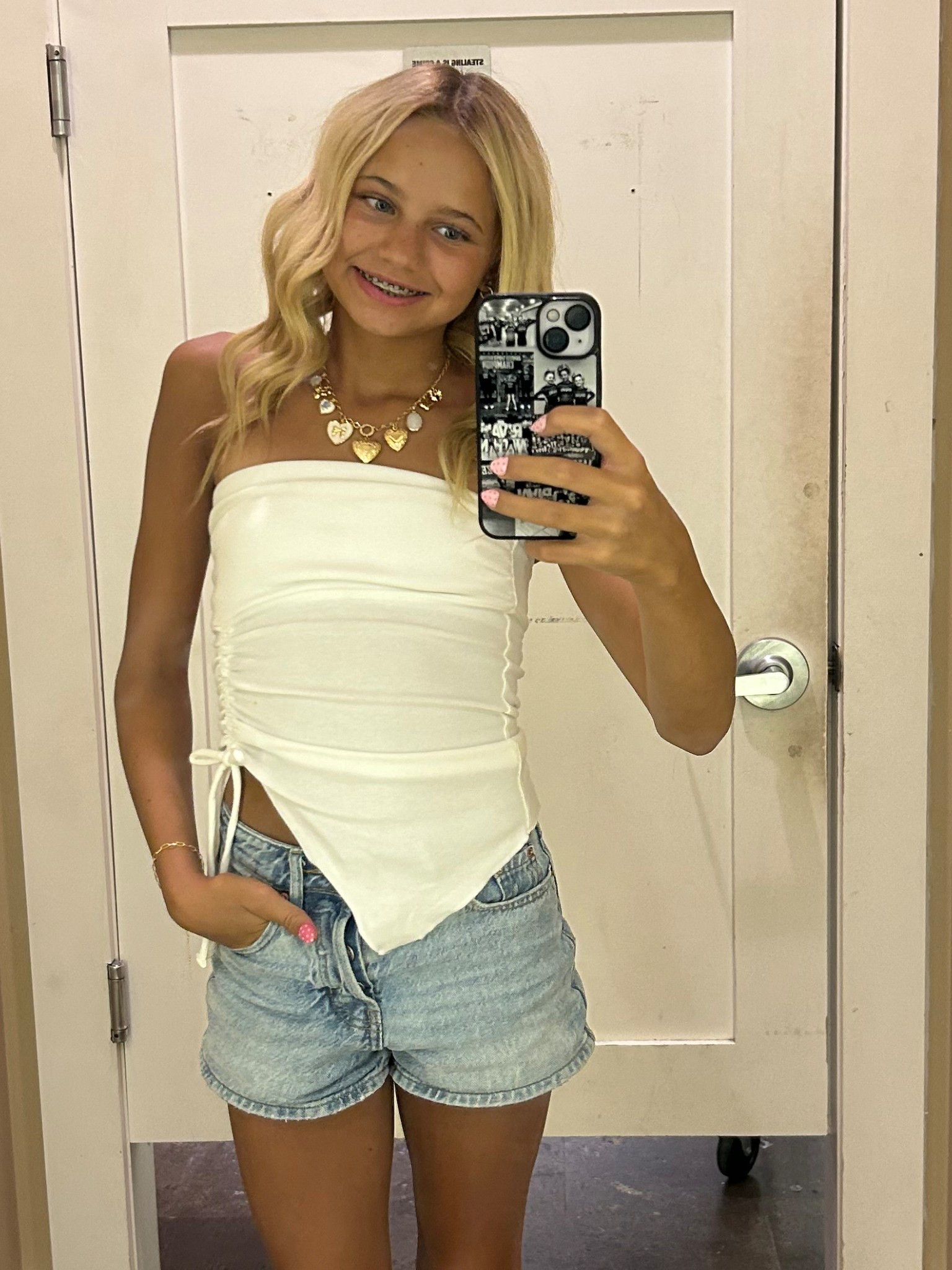 Summer  outfits for your teenagers. 
Perfect to wear transitioning into the fall with a jean jacket. 

Strapless tube top
Slim fit
Features front cutout
Cotton-recycled polyester fabric with spandex
Asymmetrical design
